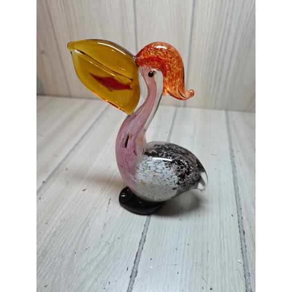 Vtg Murano? Art Blown Glass Pelican W/Gold Fish In Beak 7” Multicolored Bird - Picture 1 of 7